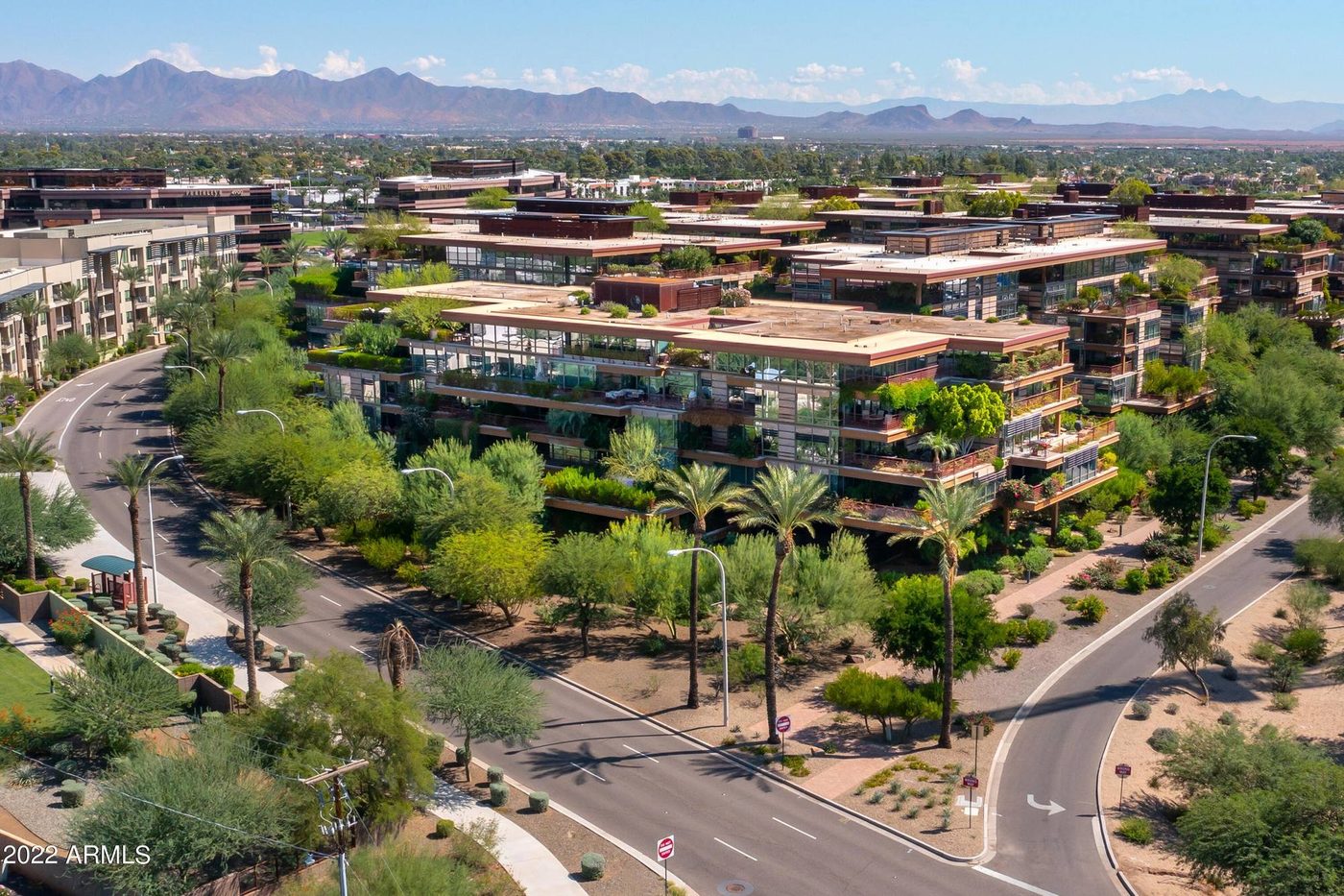 Aerial view of Optima Camelview Village with the McDowell Mountains beyond, Scottsdale, Arizona