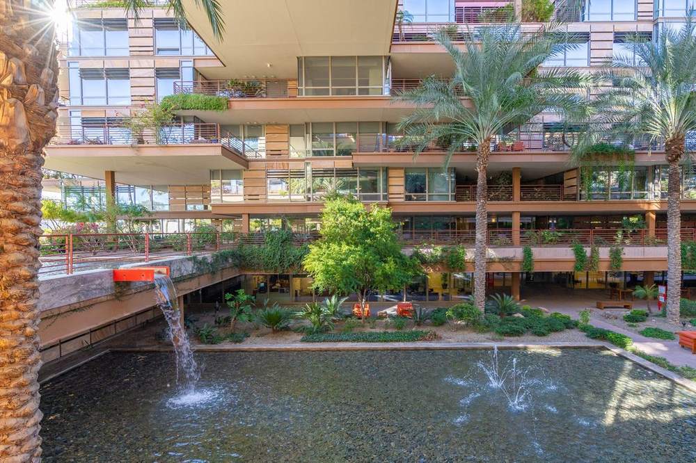 Courtyard water feature and gardens at Optima Camelview