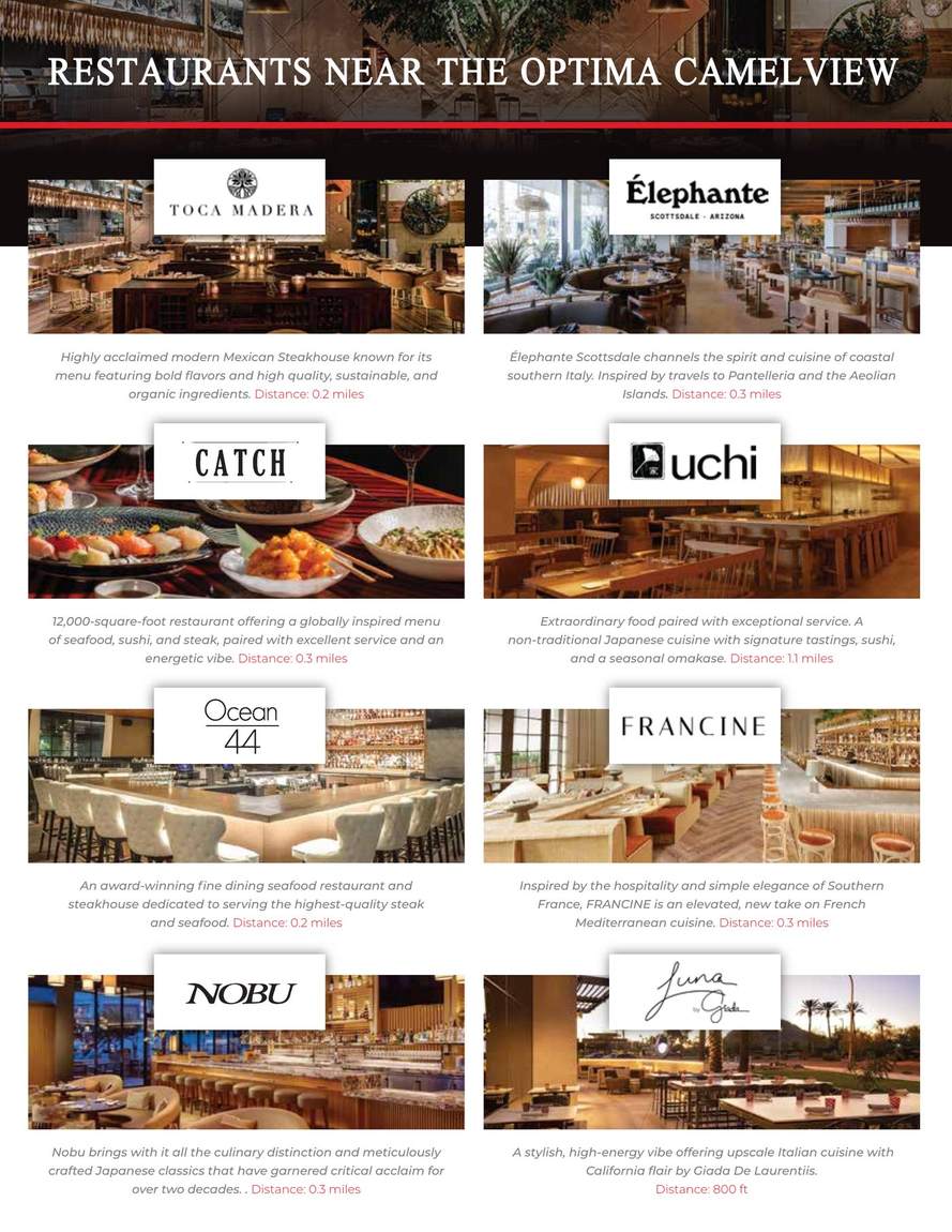 Restaurants near Optima Camelview, including Toca Madera, Élephante, Catch, Uchi, Ocean 44, Francine, Nobu, and Luna by Giada