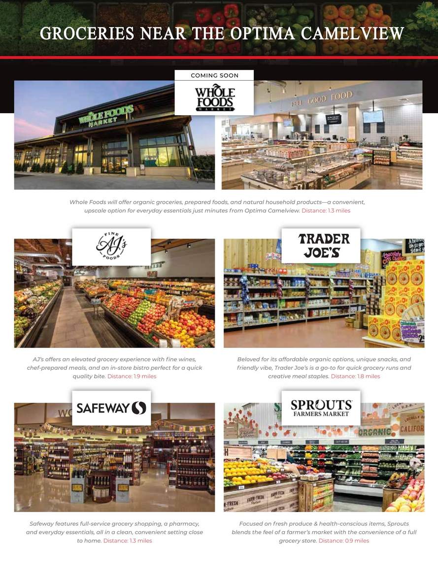 Groceries near Optima Camelview, including Whole Foods, AJ's Fine Foods, Trader Joe's, Safeway, and Sprouts