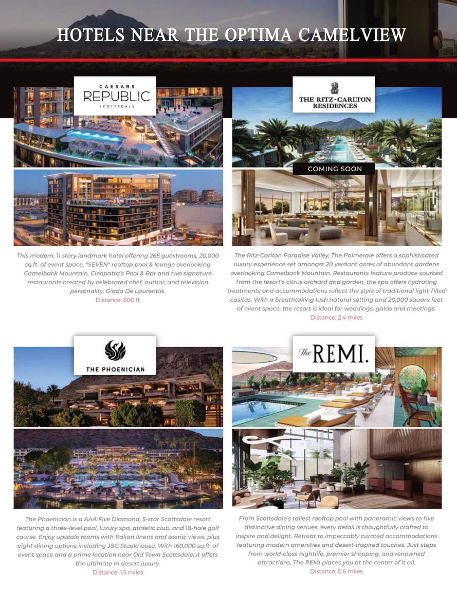 Hotels near Optima Camelview, including Caesars Republic Scottsdale, The Ritz-Carlton Residences, The Phoenician, and The Remi
