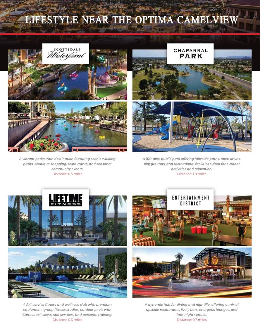 Lifestyle spots near Optima Camelview, including Scottsdale Waterfront, Chaparral Park, Lifetime Fitness, and the Entertainment District