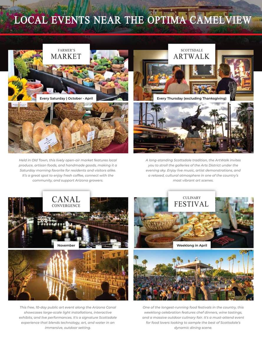Local events near Optima Camelview, including the Farmer's Market, Scottsdale ArtWalk, Canal Convergence, and the Culinary Festival